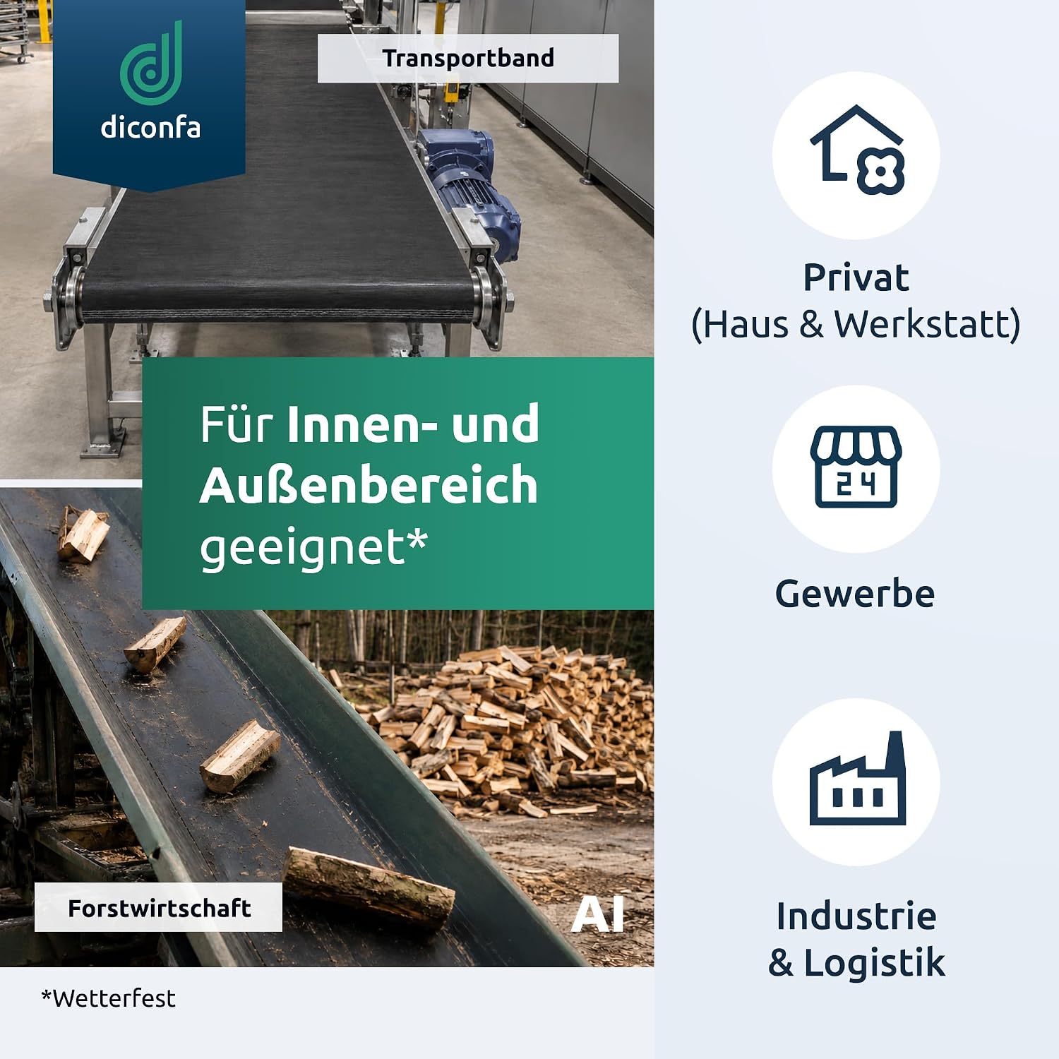 Gummi-Transportband im Innen- und Außeneinsatz an Förderanlage und in der Forstwirtschaft mit Einsatzbereich-Icons