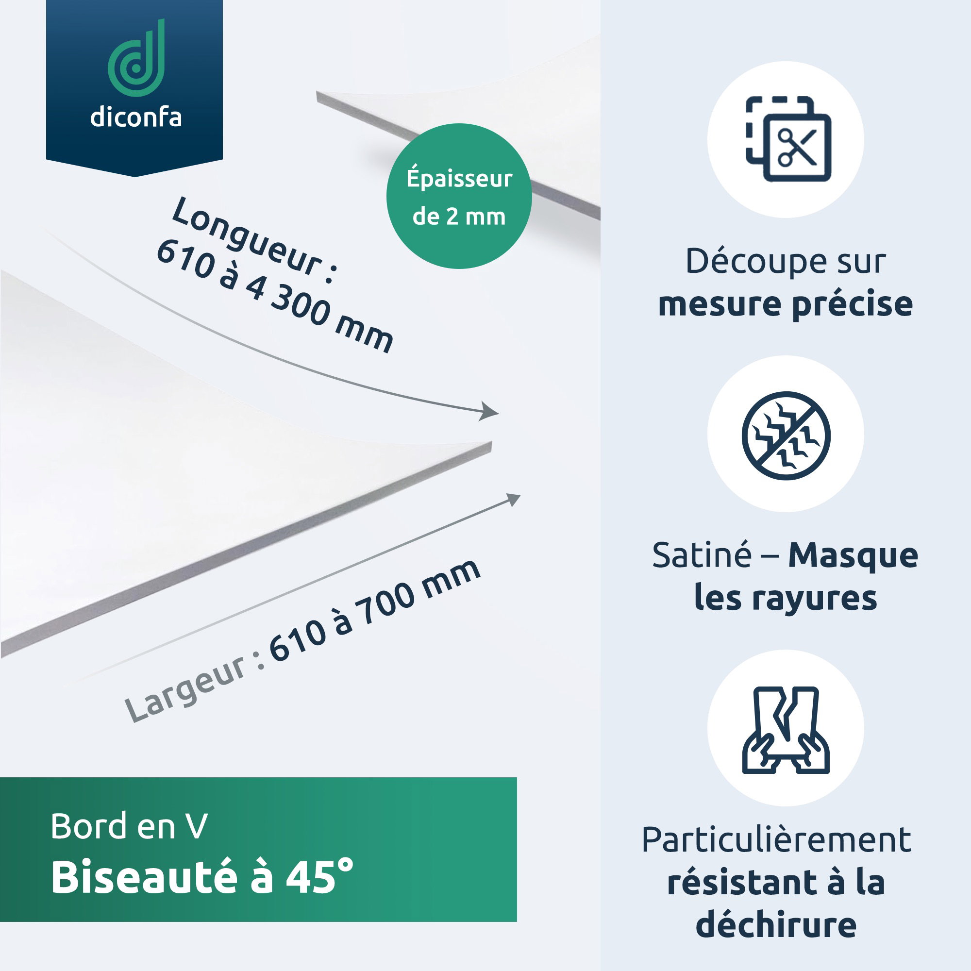 Protection de table satinée avec bord biseauté à 45° sur mesure