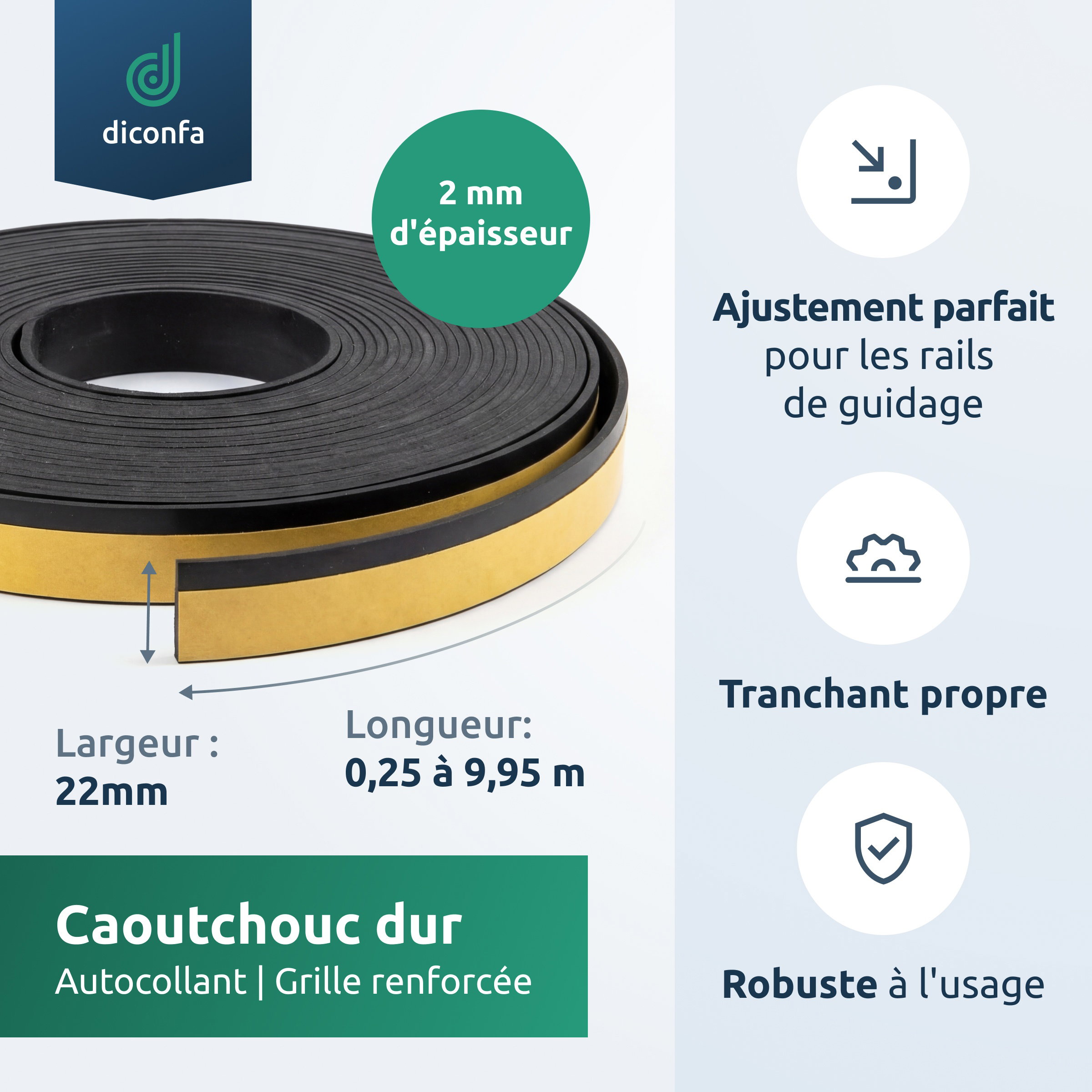Pare-éclats enroulé en caoutchouc dur noir à dos adhésif jaune, infographie 2 mm d'épaisseur, 22 mm de largeur et longueurs de 0,25 à 9,95 m