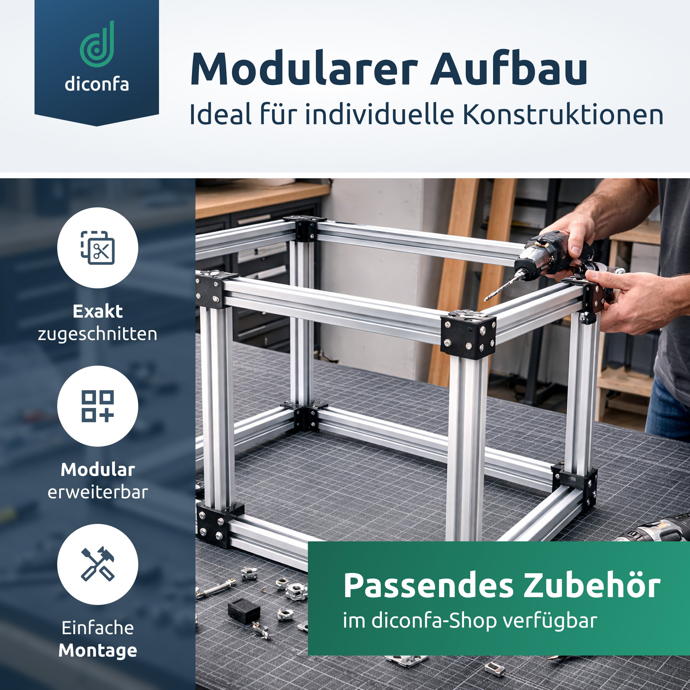 Modulare Rahmenkonstruktion aus Aluprofilen mit passendem Zubehör und einfacher Montage