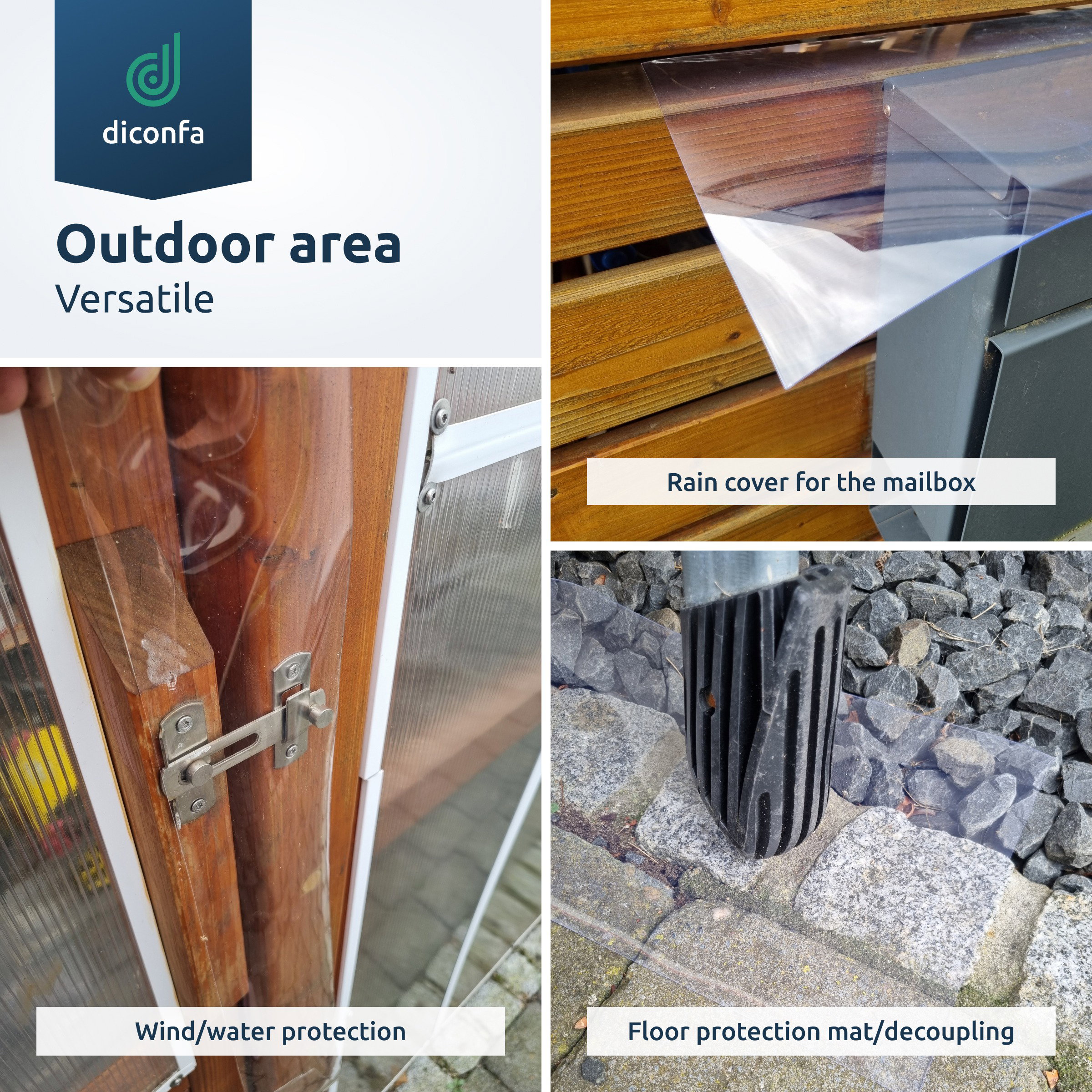 Outdoor application collage of clear PVC strips as mailbox rain cover, wind and water protection and floor decoupling mat