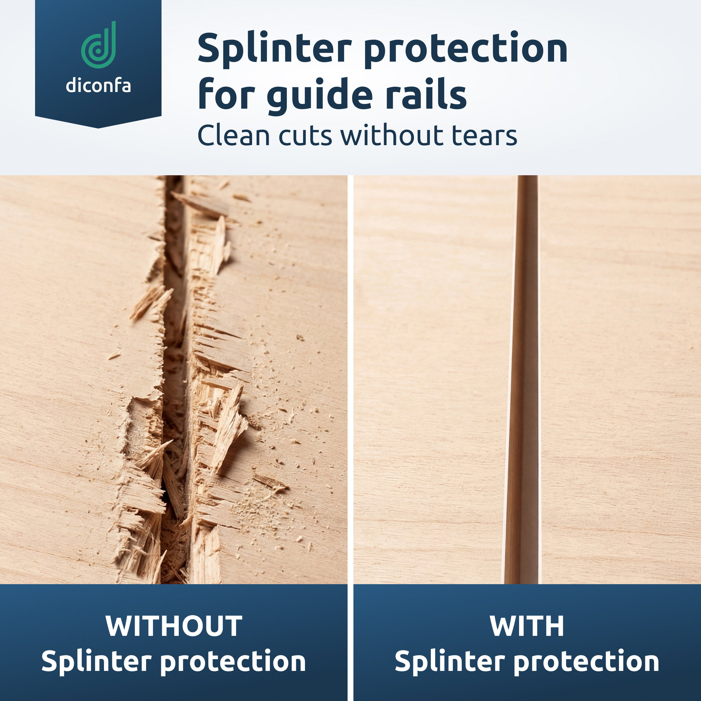 Before-and-after comparison for guide rail splinter protection: torn cut edge versus a clean, tear-free cut in wood