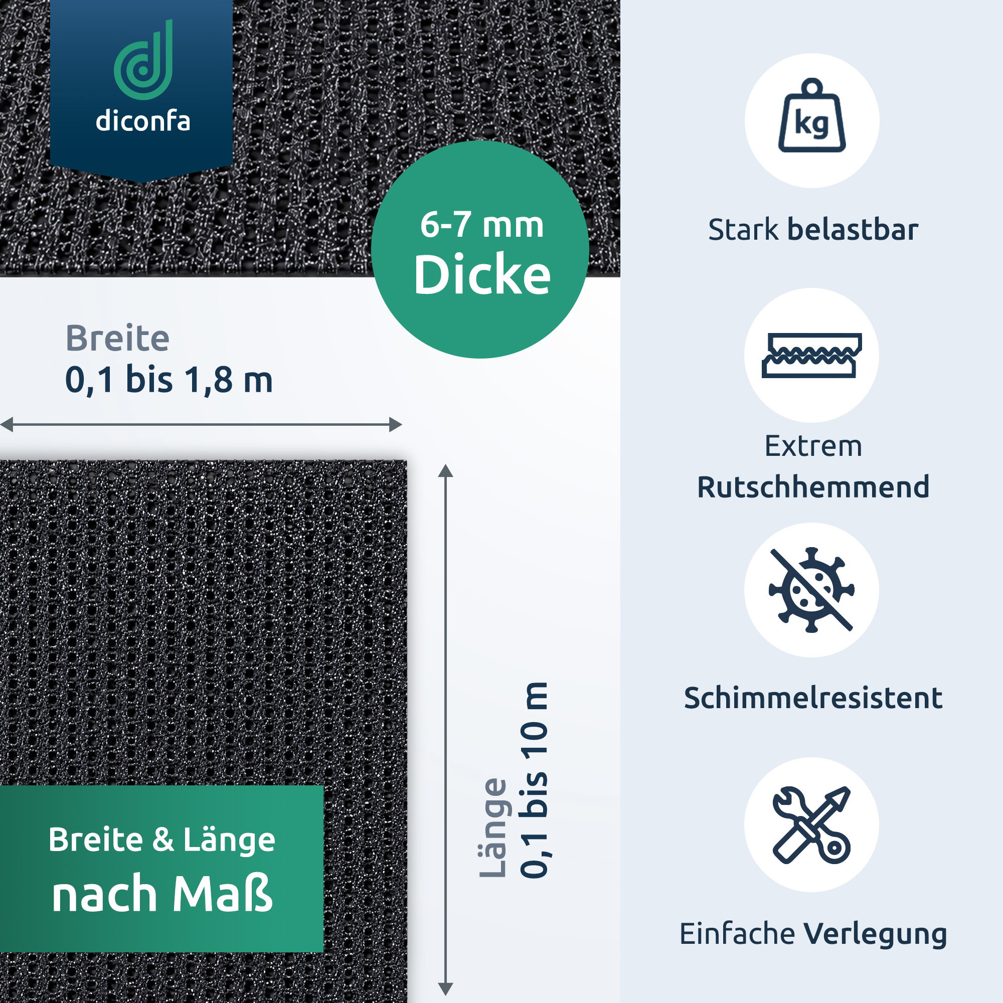 diconfa Tapis de sécurité PVC antidérapant anthracite, 0,1–1,8 m de largeur, 0,1–10 m de longueur, 6 mm d'épaisseur