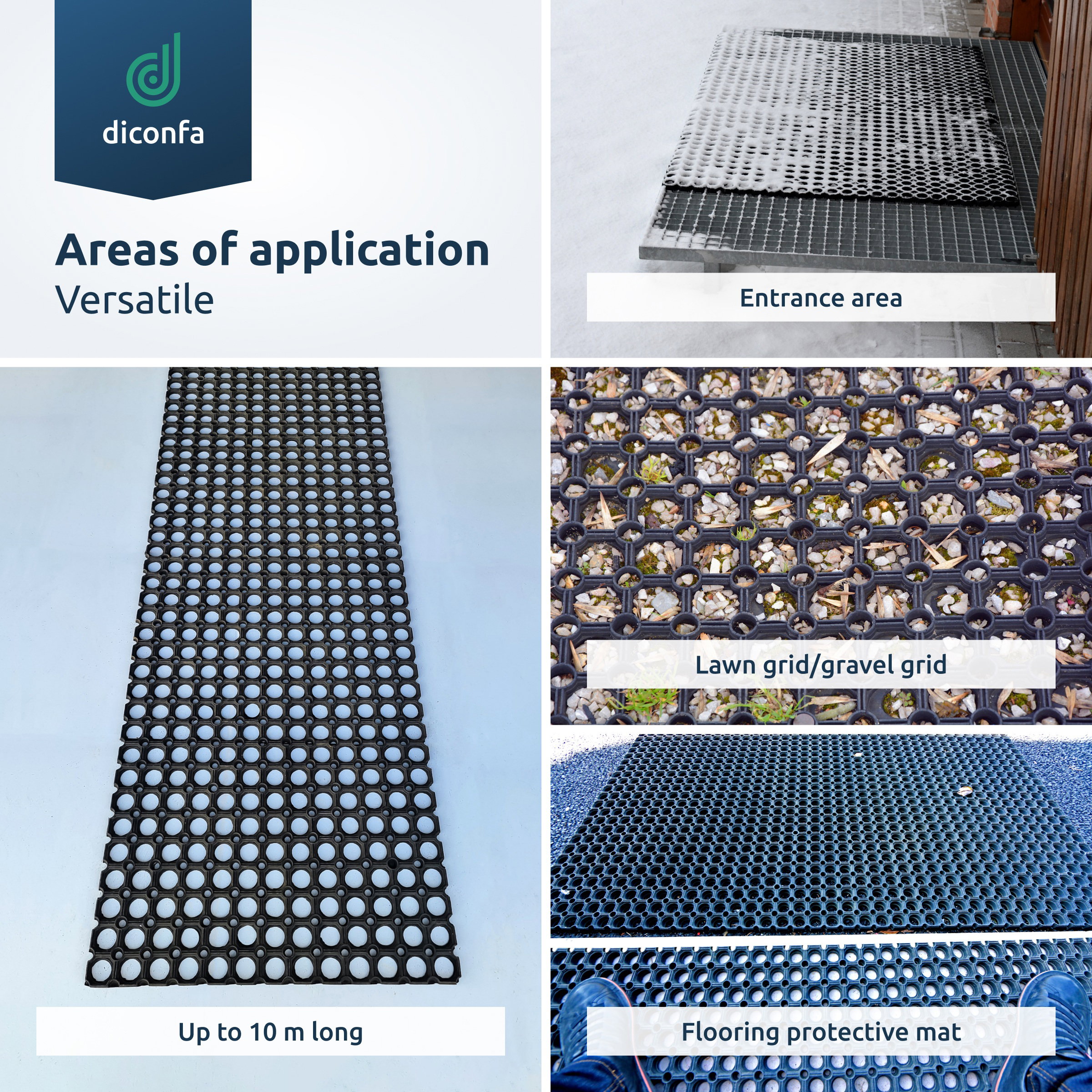 Collage showing uses of the 22 mm ring rubber mat: entrance area, gravel and lawn grid, floor protection