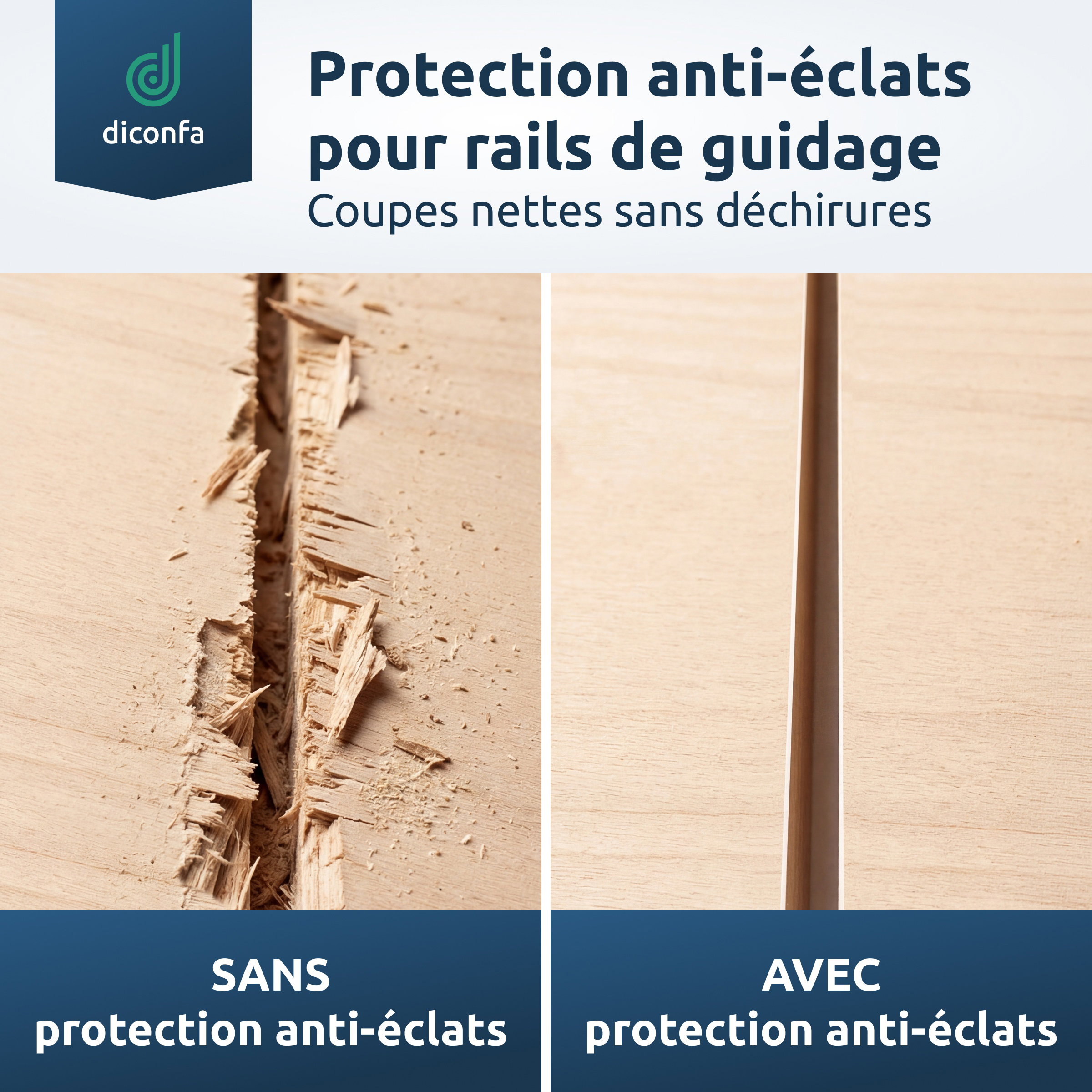 Visuel comparatif de la protection anti-éclats pour rails de guidage : coupe déchirée face à une coupe nette