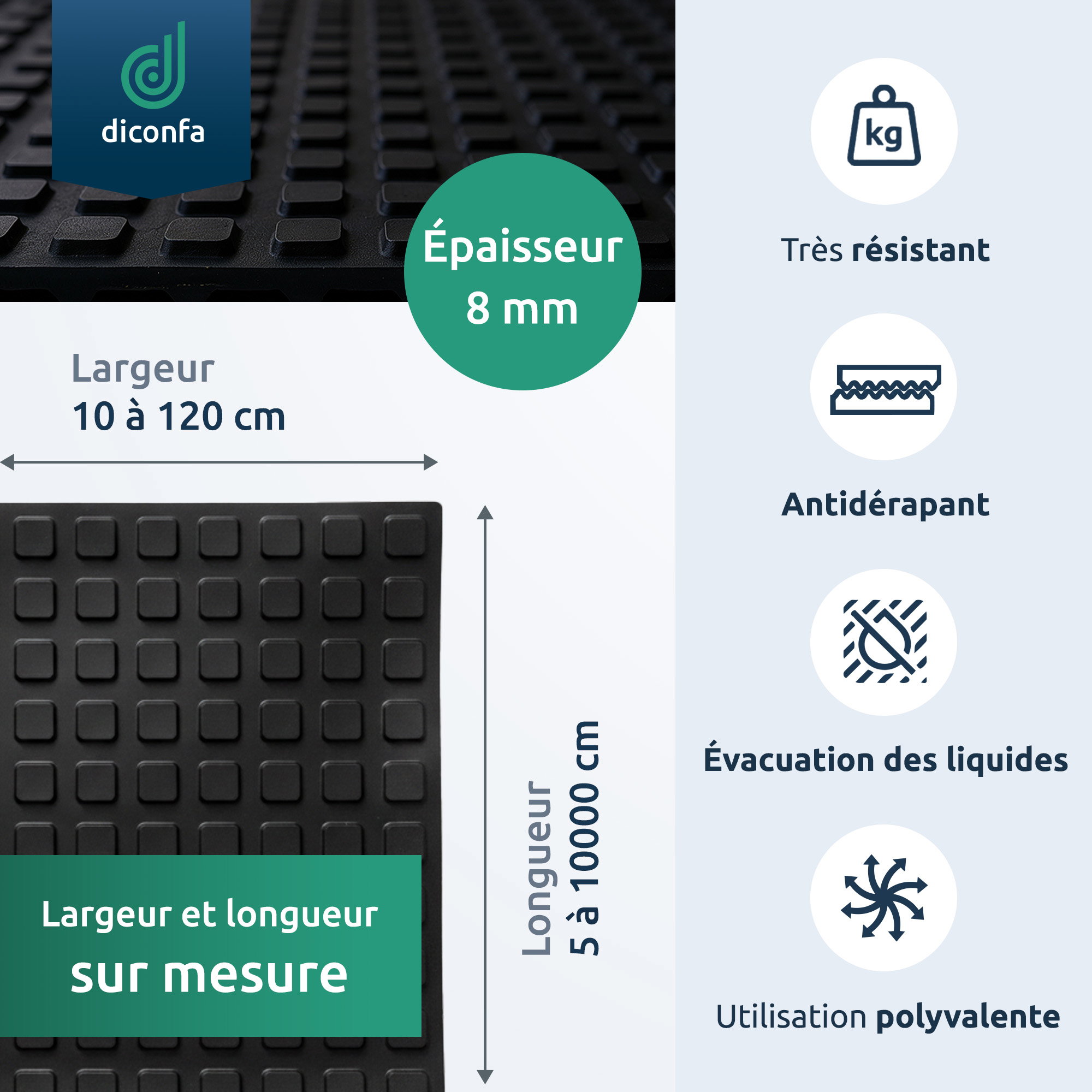 Tapis en caoutchouc à plots 8 mm avec renfort textile