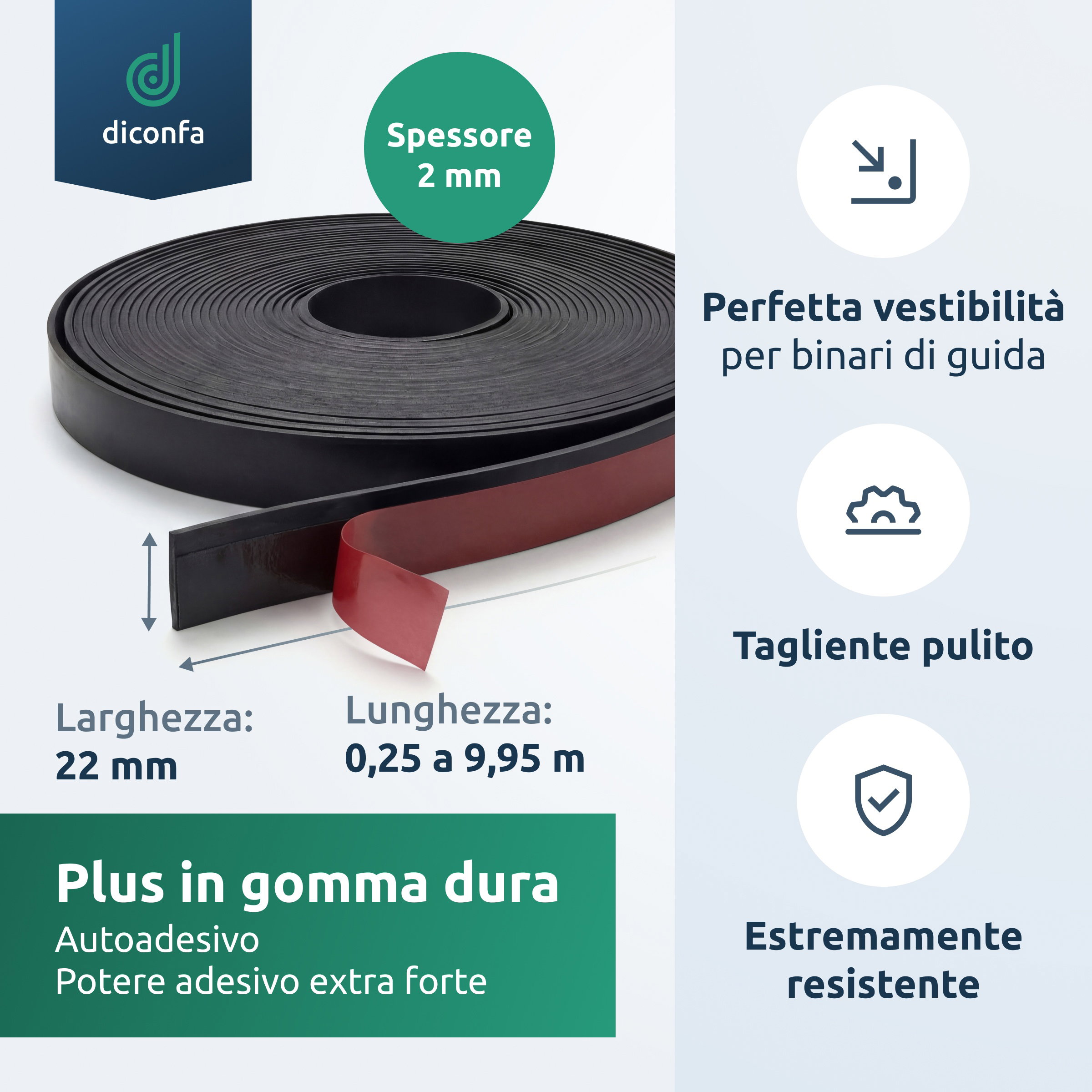 Paraschegge Profiline GUMMI PLUS nero arrotolato con nastro adesivo rosso, spessore 2 mm e larghezza 22 mm