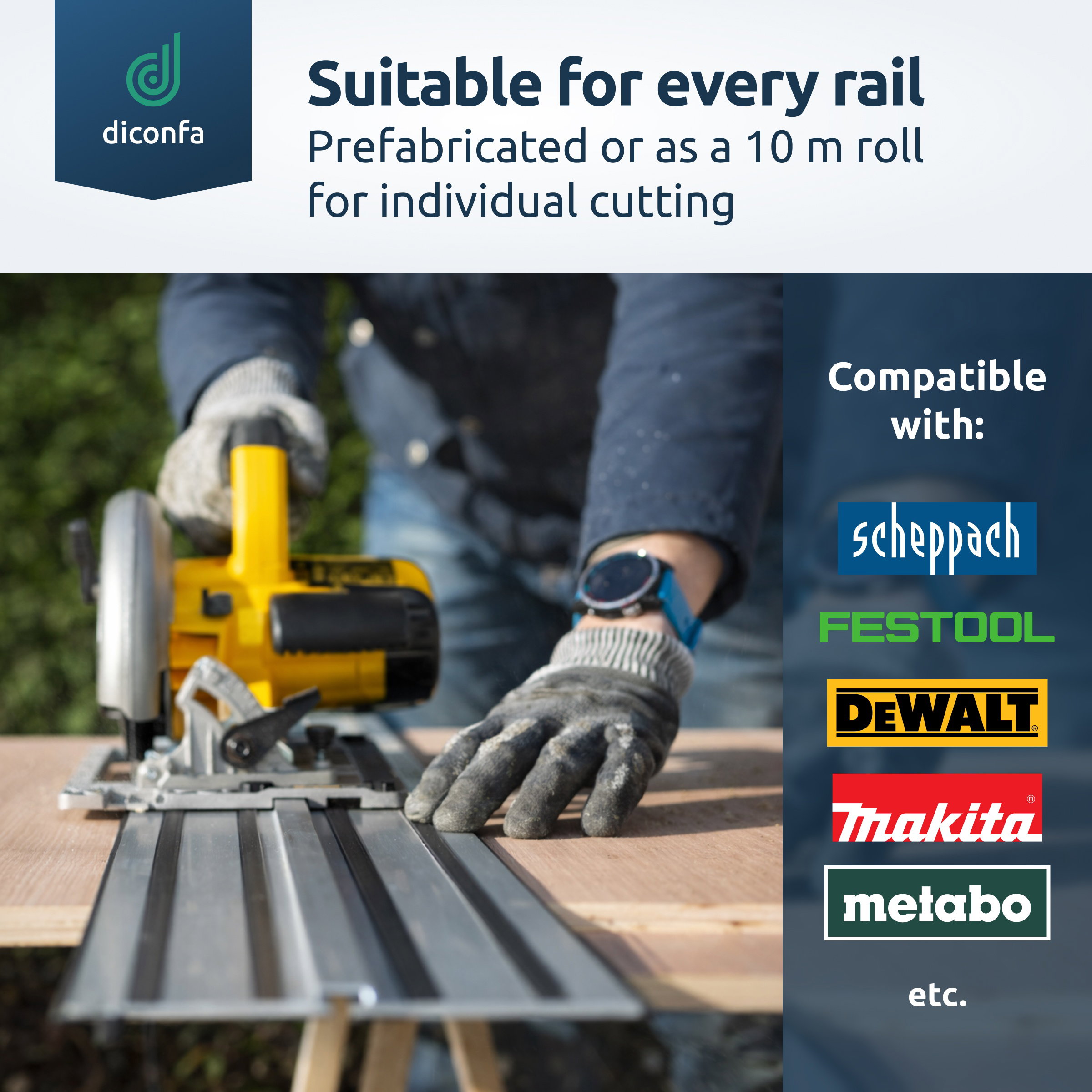 Splinter guard on a guide rail while cutting timber, noting 10 m roll option and brand compatibility