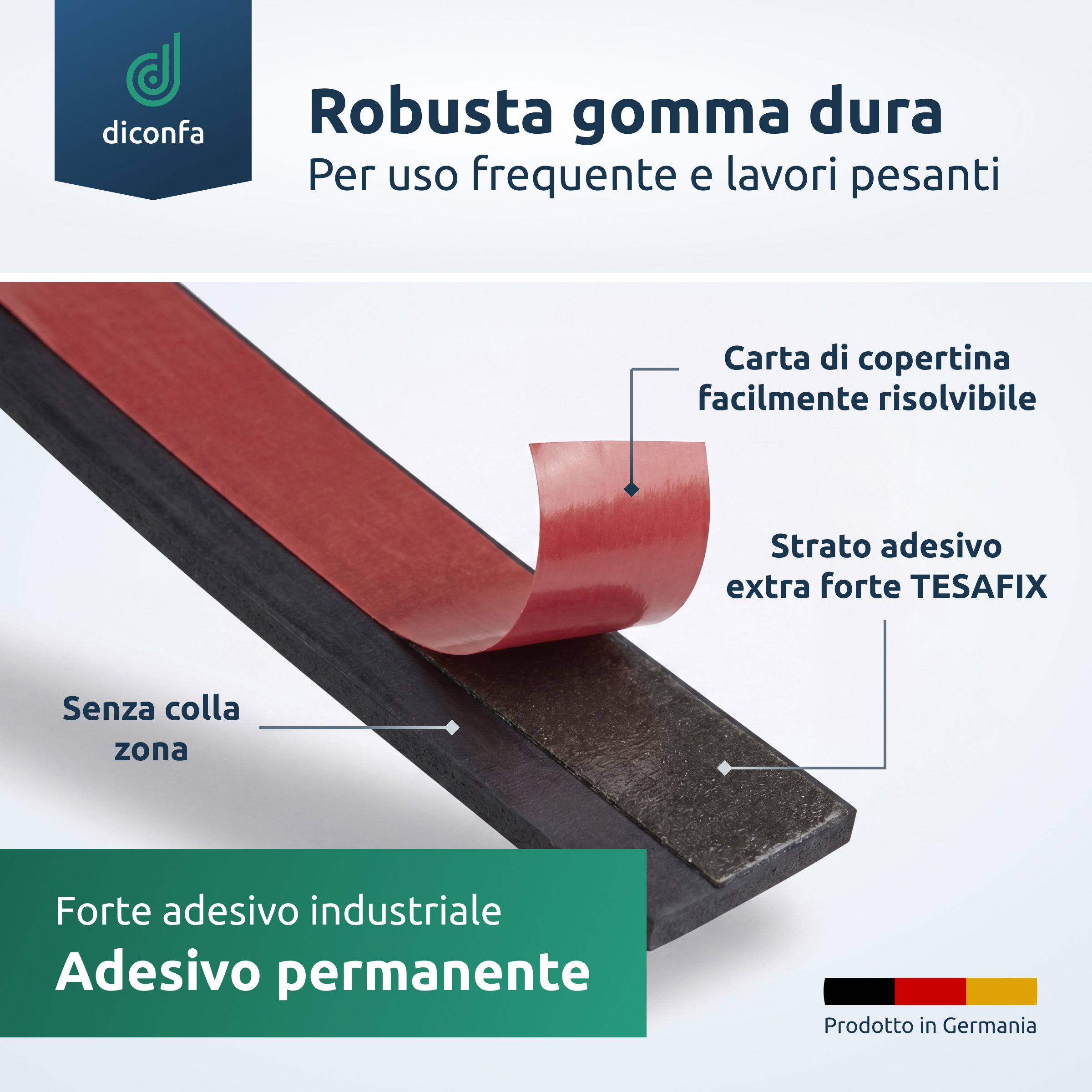 Paraschegge in gomma dura nera con carta di copertina rossa sollevata e strato adesivo extra forte evidenziato