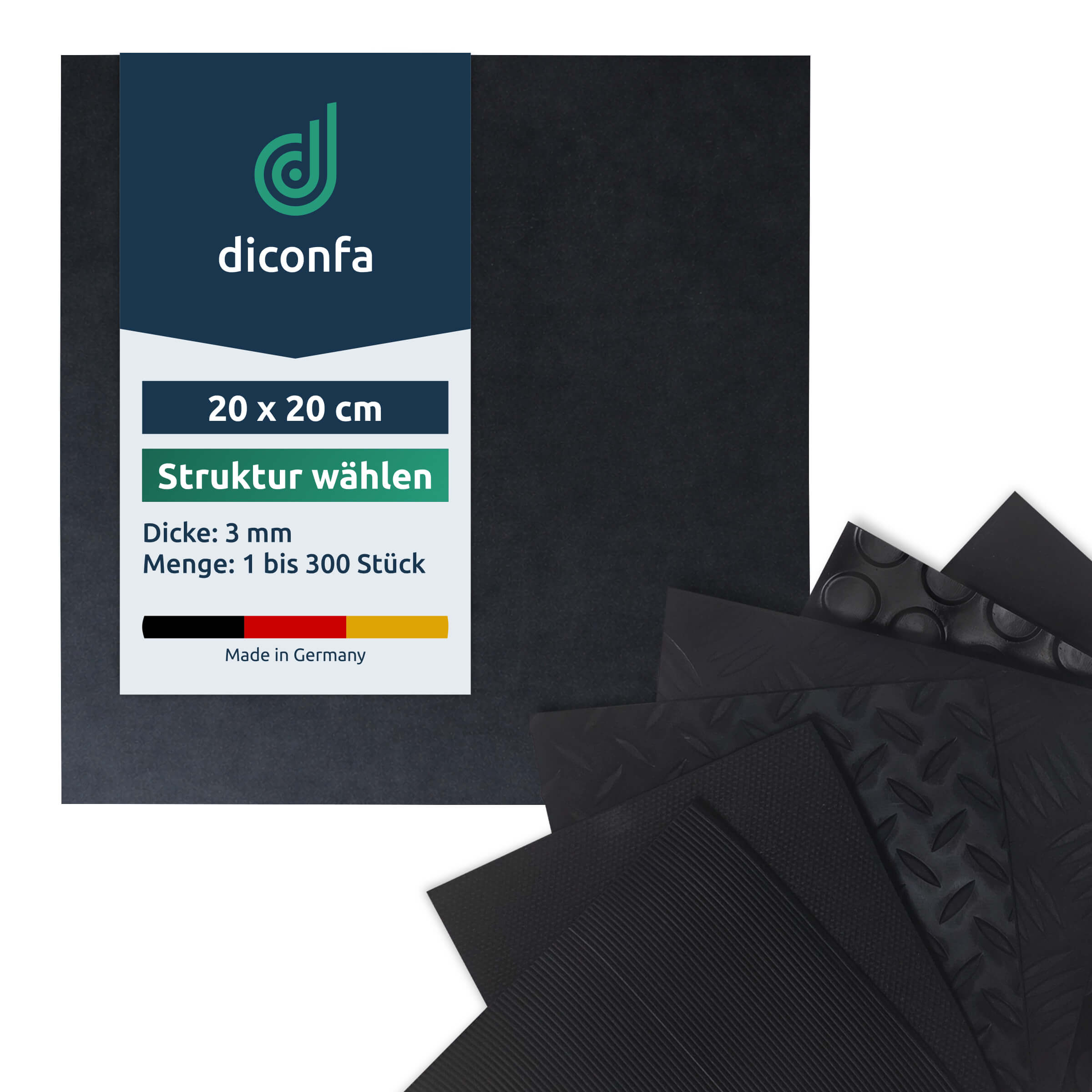 diconfa Gummipads Antirutsch Vollgummi 200×200×3 mm verschiedene Oberflächen 1–300 Stück