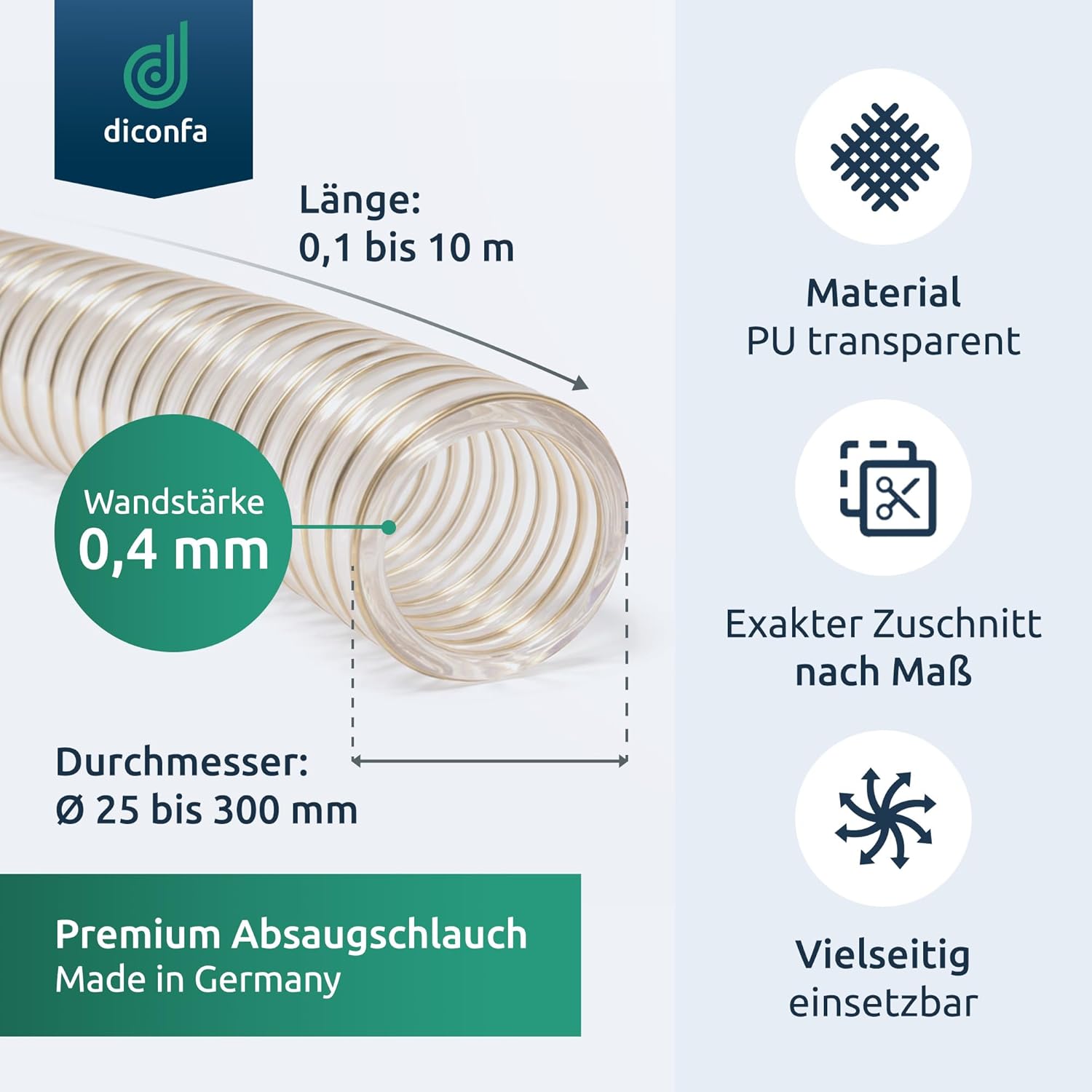 PU-Absaugschlauch transparent mit 0,4 mm Wandstärke und antistatischer Ausführung