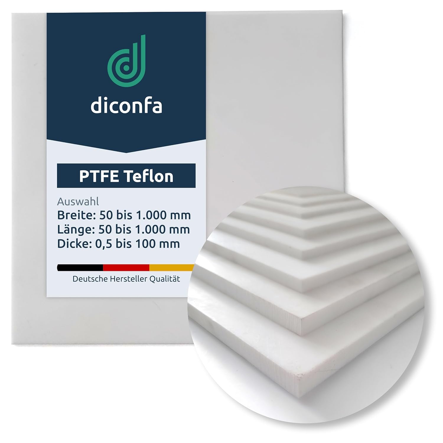 Weiße PTFE Teflon Platte nach Maß mit Detailausschnitt gestapelter Platten und Größenangaben