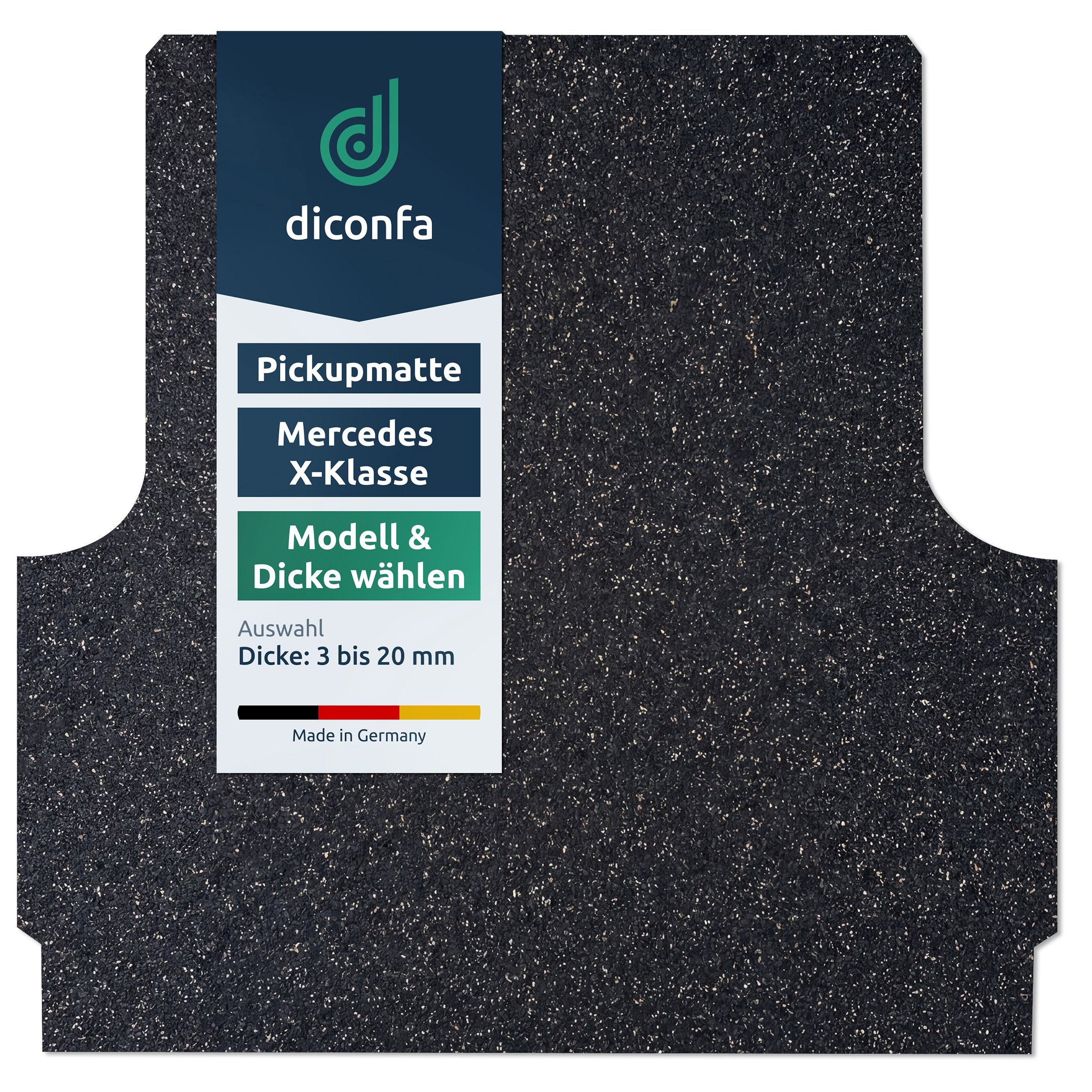 Tappetino per pickup in granulato di gomma nero, su misura per Mercedes Classe X, con etichetta e spessori da 3 a 20 mm