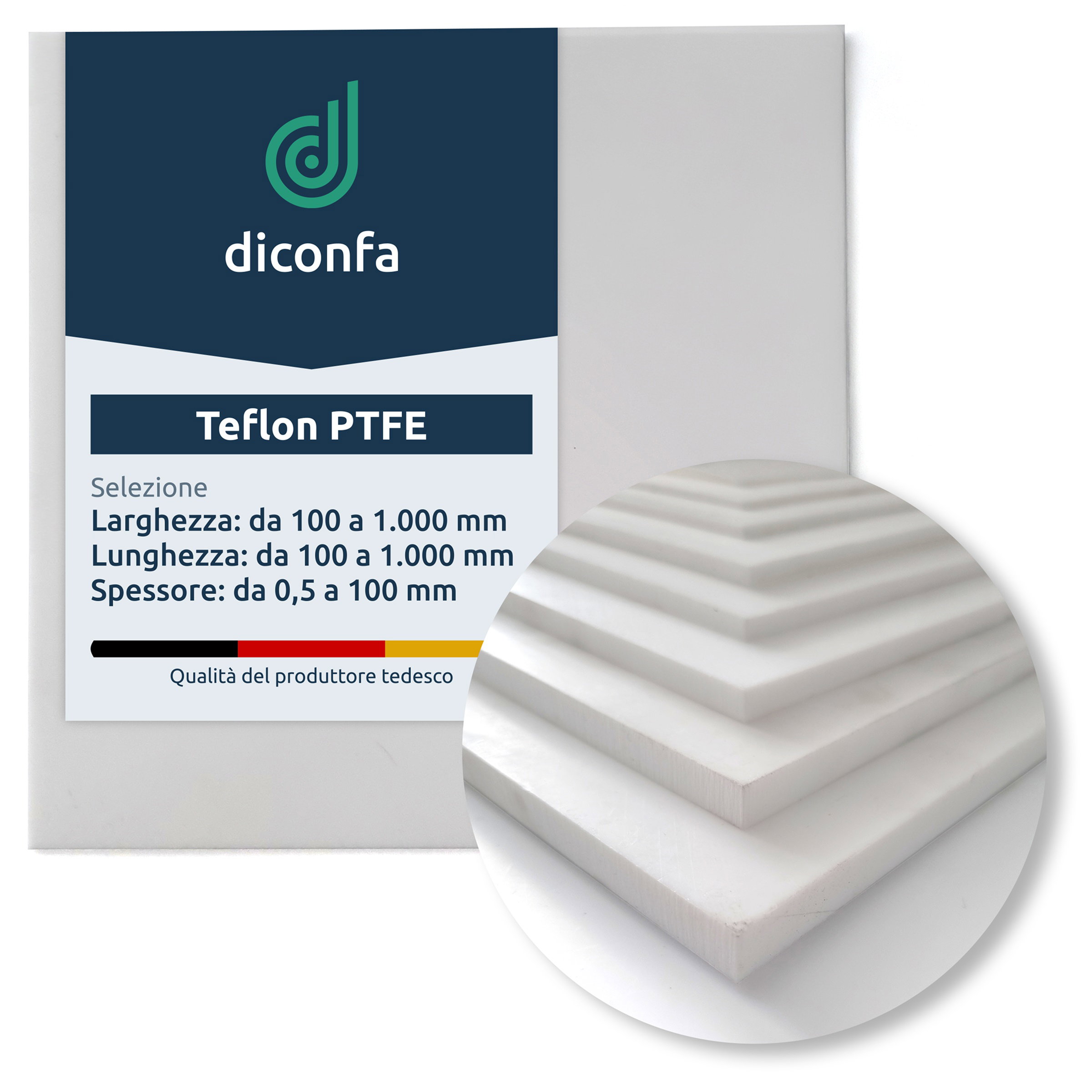 Lastra in PTFE Teflon bianca su misura con riquadro delle dimensioni e dettaglio degli angoli sovrapposti