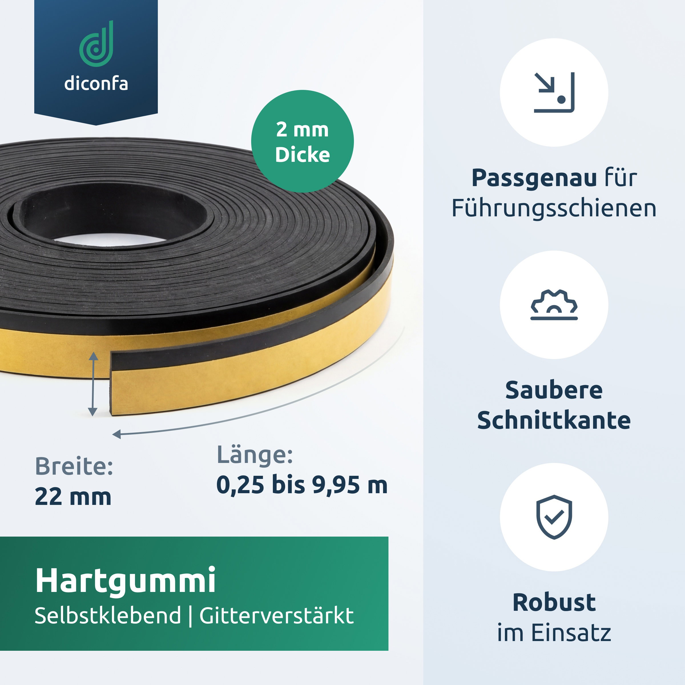 Splitterschutz Profiline Gummi als schwarze Rolle mit gelber Klebeschicht, Infografik mit 22 mm Breite und 2 mm Dicke