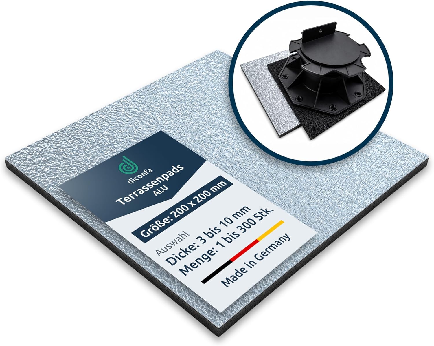 Aluminium-laminated terrace pad, 200 x 200 mm, 3 to 10 mm thick, with inset showing a pedestal support on the pad
