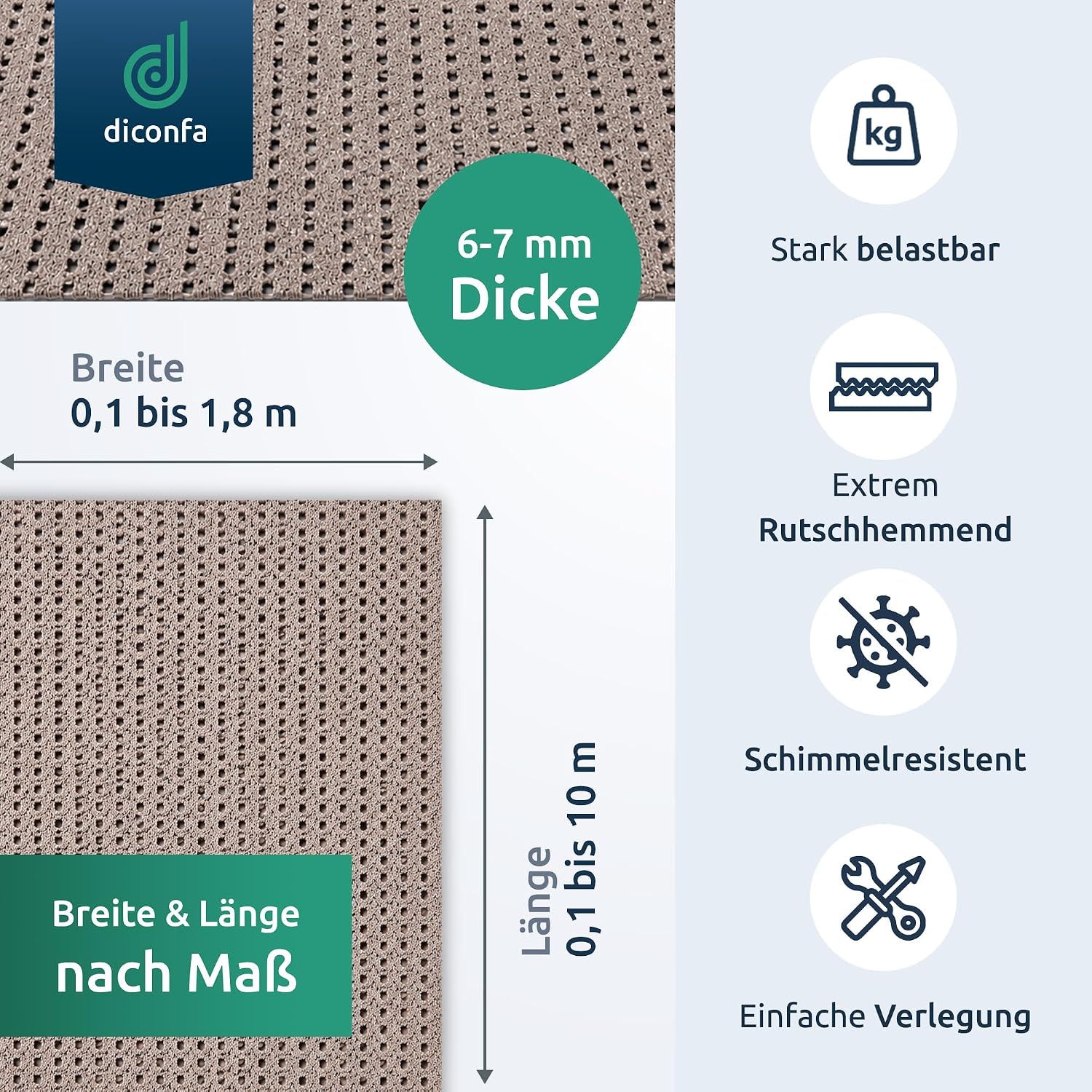 diconfa Safety Mat PVC Anti-Slip Beige, Custom Cut 0.1–1.8 m Wide, 0.1–10 m Long, 6 mm Thick