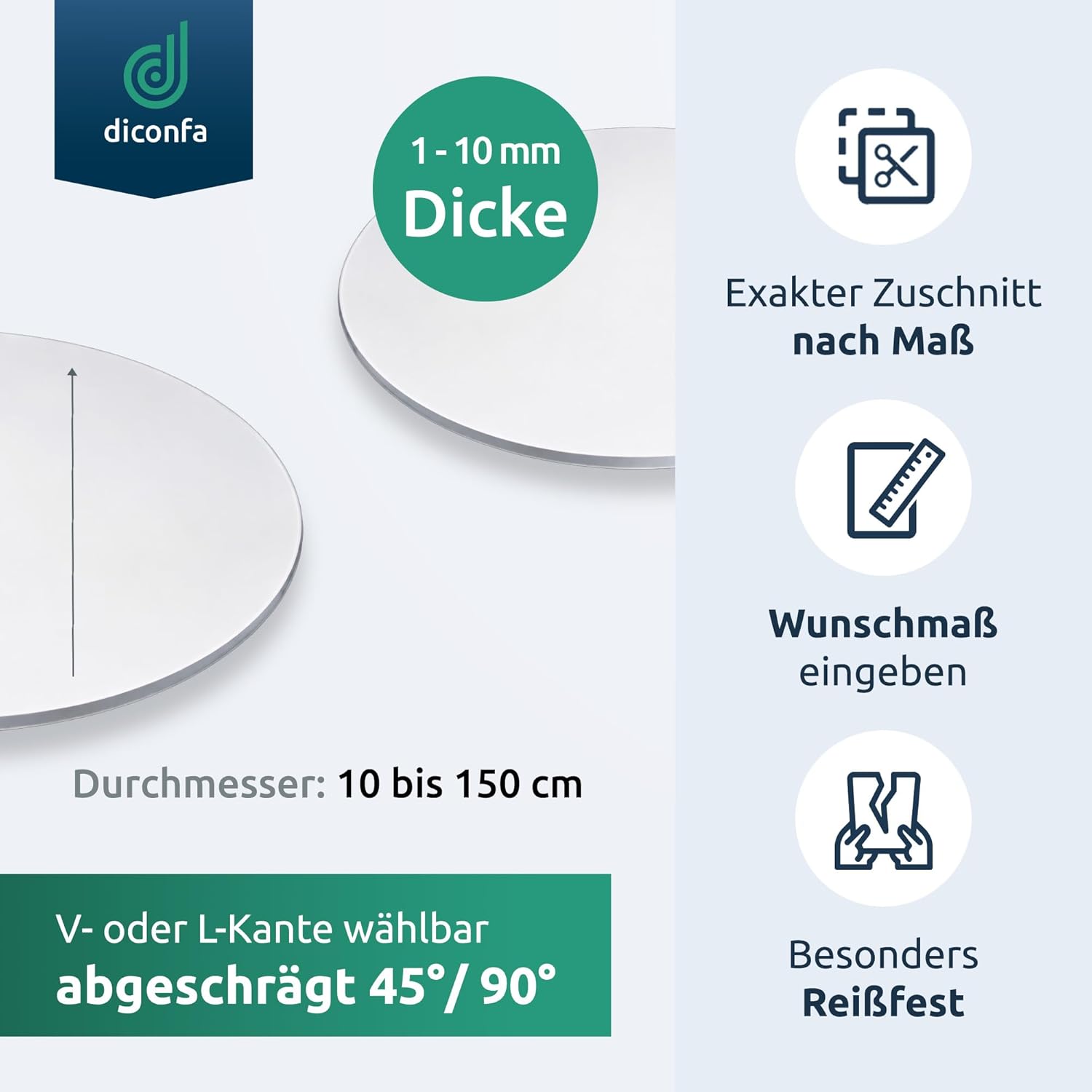 Runde Tischfolie Weich-PVC 90 Grad (L-Kante) glasklar nach Maß
